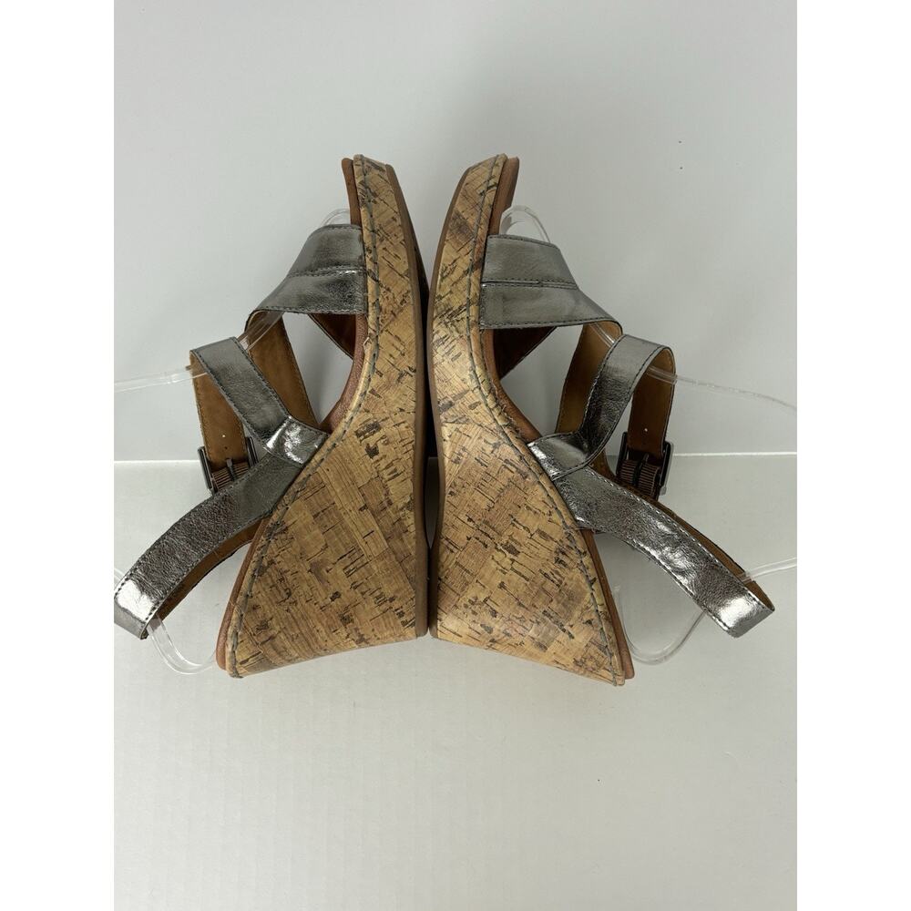 BOC Metallic Silver Cork Wedge Slingback Sandals Sz 9 Faux Leather Boho Comfort‎ - Picture 5 of 14